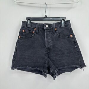 Levis Ribcage Shorts Womens 24 Black Denim Frayed‎ Button Fly High Rise Festival